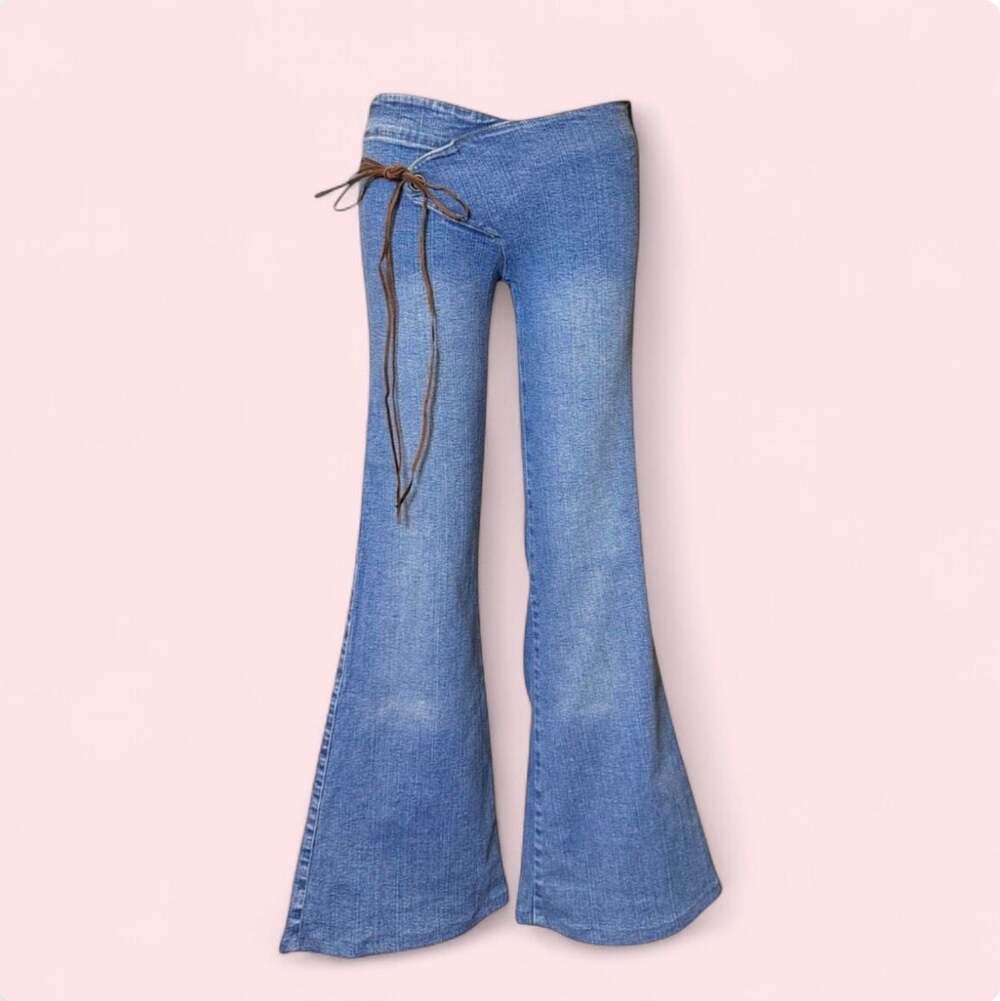 Coachella rare Y2K  Low Rise Embroidered Flare Jeans with Faux Leather Tie Belt